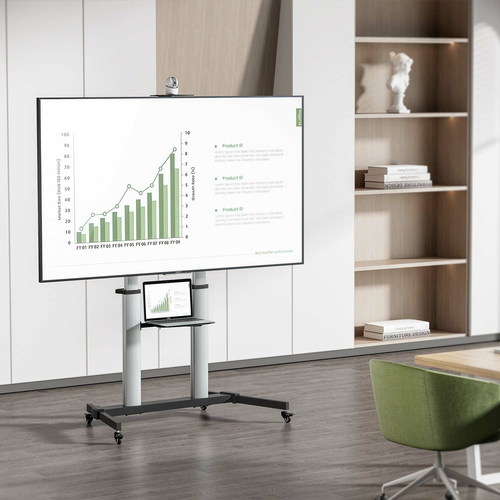 SOPORTE DE SUELO PRO CON RUEDAS, BANDEJAS PARA DVD Y SOPORTE DE CAMARA PARA MONITOR/TV 100KG DE 60-100, NEGRO-PLATA