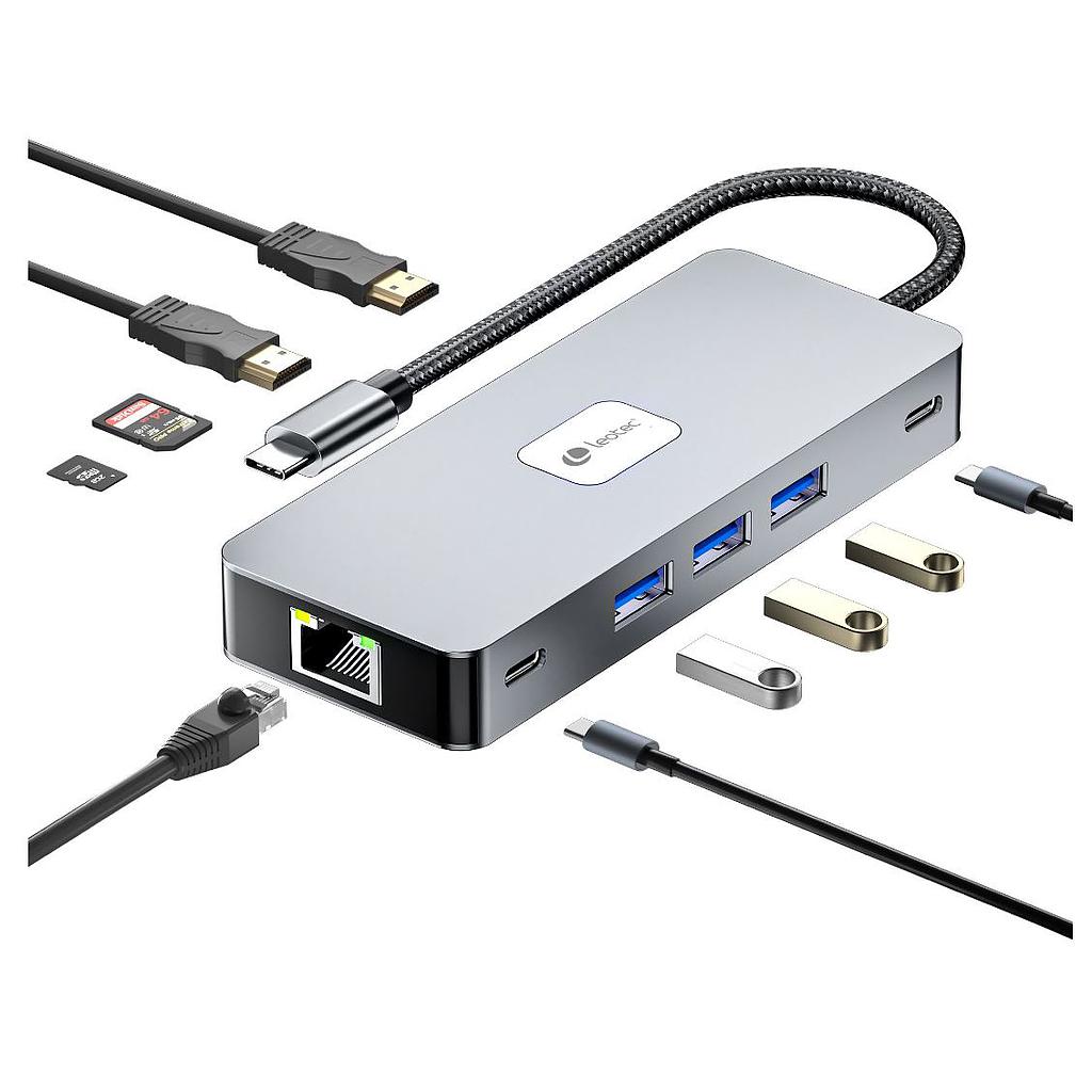 Adaptador 10 en 1 Leotec USB-C a 2xHDMI, 1xRJ45, 3xUSB-A 3.0, 1xUSB-C PD, 1xUSB-C, 1xTF/SD+1xMicroSD - Color Gris