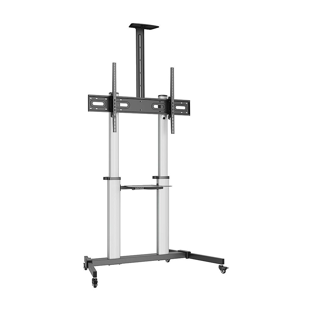 SOPORTE DE SUELO PRO CON RUEDAS, BANDEJAS PARA DVD Y SOPORTE DE CAMARA PARA MONITOR/TV 100KG DE 60-100, NEGRO-PLATA