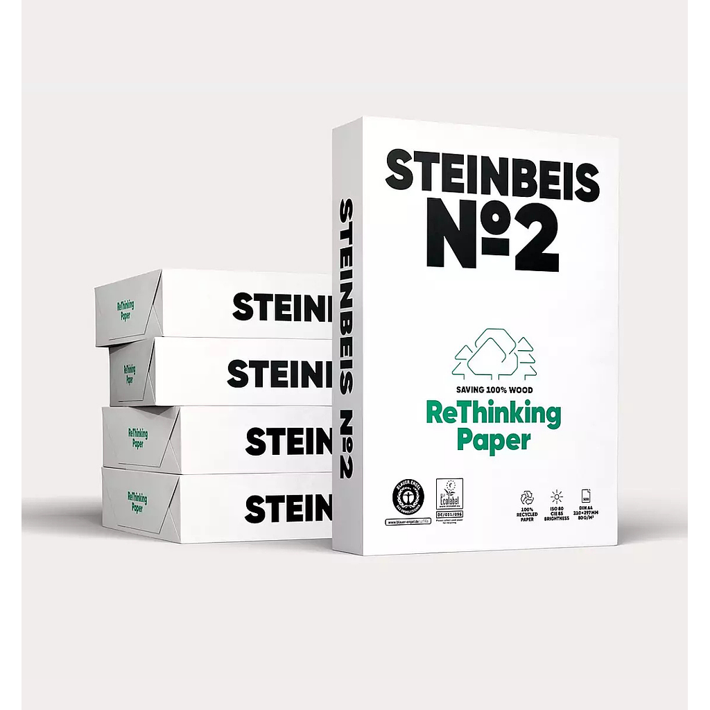 CAJA de 2500 HOJAS DE PAPEL RECICLADO BLANCO CIE 85 A-4 80grs STEINBEIS Nº2