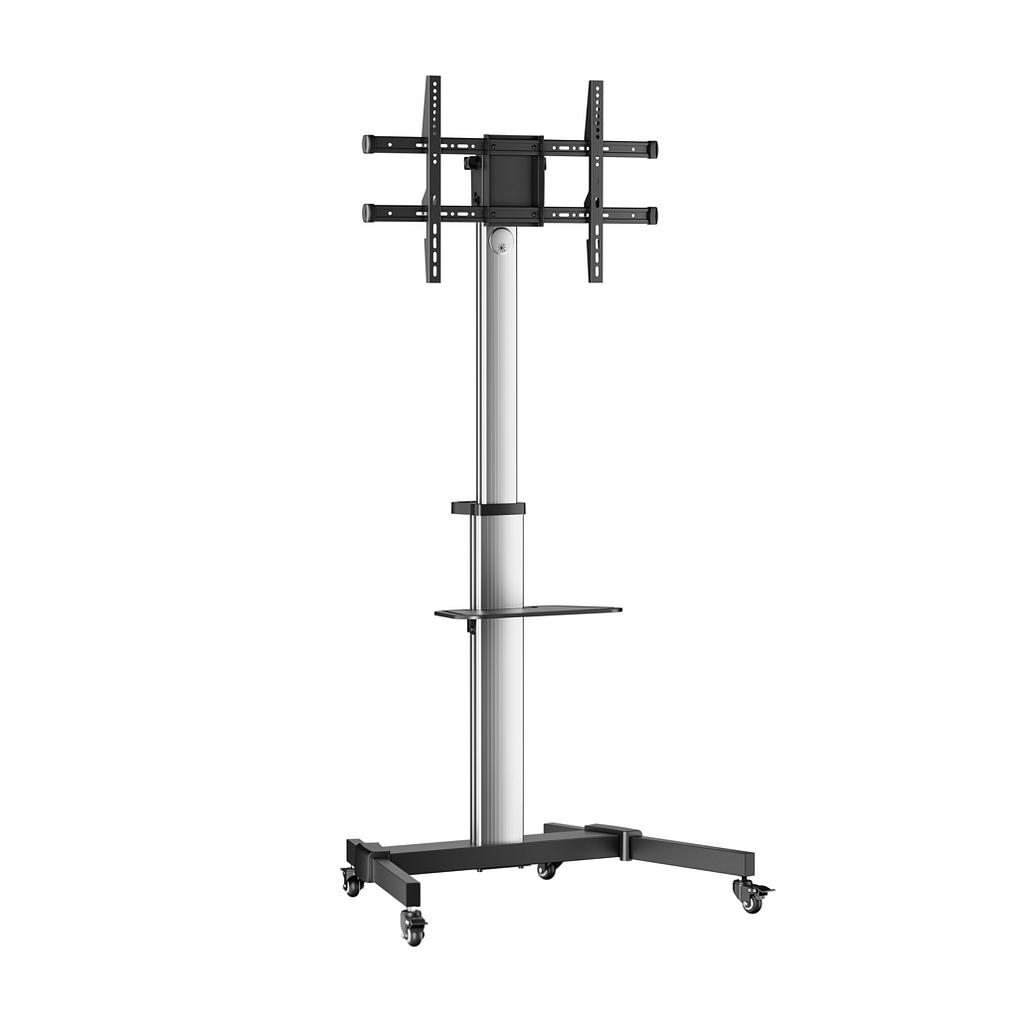 SOPORTE DE SUELO CON RUEDA, BANDEJA PARA DVD PARA MONITOR/TV 50KG DE 37-86, NEGRO-PLATA