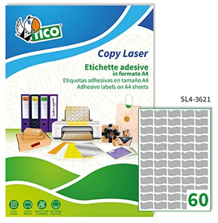 Caja de 6000 etiquetas en papel plata satinado,ovaladas, 36x21 mm Tico SL4-3621-