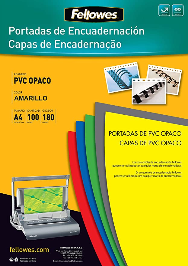 PAQUETE DE 100 TAPAS DE ENCUADERNACION PVC AMARILLO 180 MICRAS A4 FELLOWES R.5100701