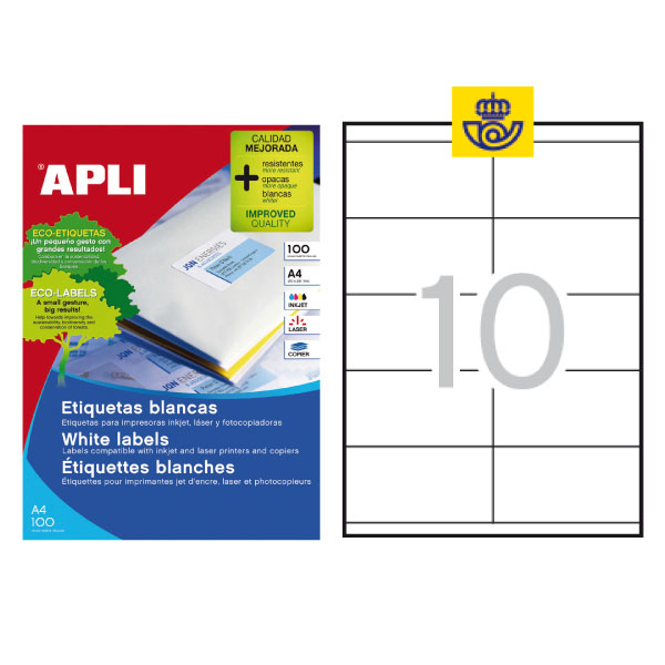 CAJA DE 100 HOJAS DE ETIQUETAS BLANCAS. TAMAÑO: 105x57mm. Ref. 01278