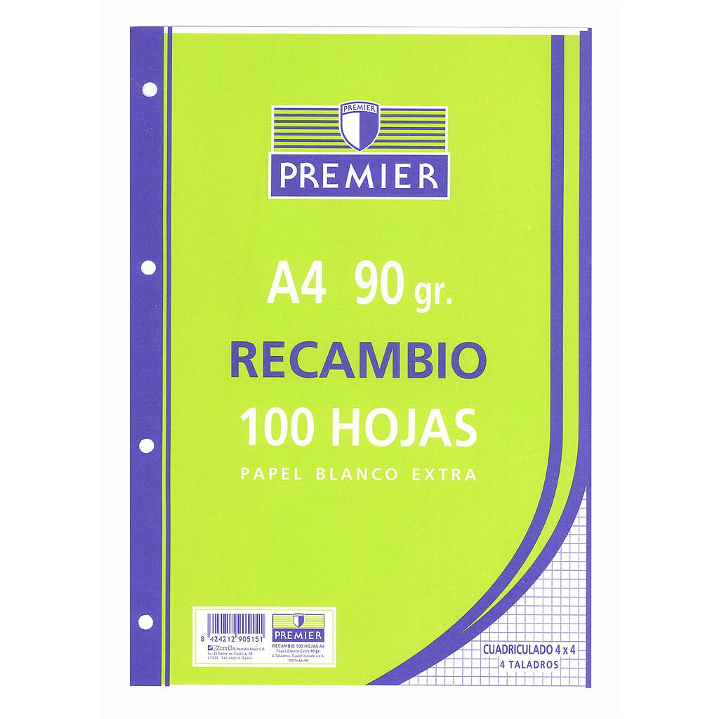 RECAMBIO 100 HOJAS A4 4 TALADROS CUADRICULA 4x4 CON MARGEN 90gr Ref. C515-A4-90 / 002185