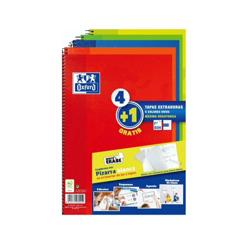 PACK 4+1 BLOCS EUROPEANBOOK 1 Fº TE SCHOOL WRITE&amp;ERASE 80H CUADRICULA 4X4 SURTIDO VIVOS OXFORD R.400122761