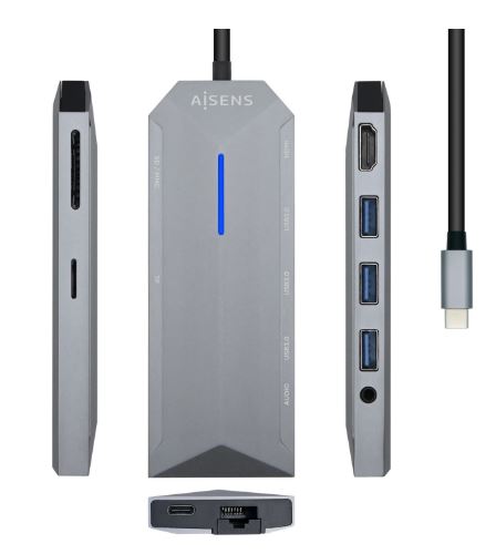 Dock 9 en 1 Hub USB-C 3.0 con 3x USB-A 3.0, 1x HDMI 1x RJ45, 1x PD 100W, 1x Audio 3.5mm, 1x Lector SD, 1x Lector MicroSD - Carcasa de Aluminio - Cable de 0.15m Aisens