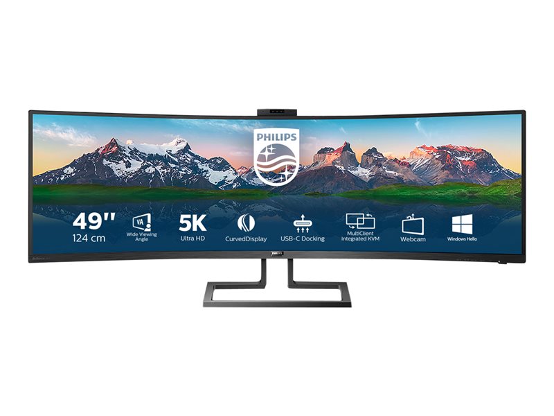 Philips Brilliance P-line 499P9H - Monitor LED  curvado - 49" (48.8" visible) - 5120 x 1440 Dual Quad HD @ 60 Hz - VA - 450 cd/m² - 3000:1 - Display HDR 400 - 5 ms - 2xHDMI, DisplayPort, USB-C - altavoces - negro con textura